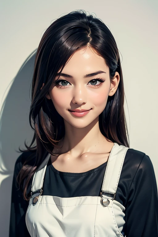 Highest quality High resolution Simple White overalls work clothes A woman holding a paint can and a brush There is a little paint on the clothes or body. Abandoned house 20 years old cute smile((head to waste ))