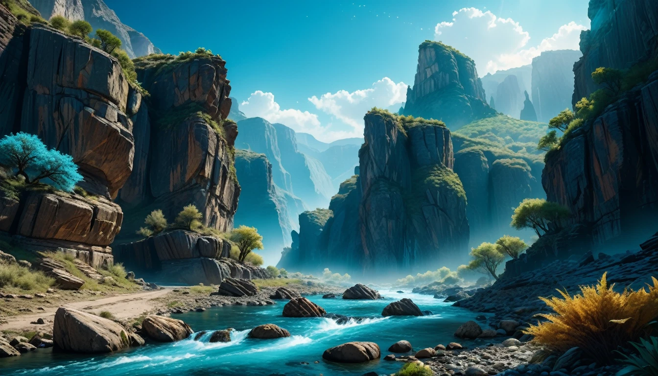 (photorrealistic:1.2, Fujifilm XT3), film composition, high fantasy, paisagem de fantasia, wasteland, clear blue sky, River canyon surrounded by lush vegetation., stones, epic fantasy art, abysmal technology, pure energy, magie, idyllic, (work of art:1.2), (epic composition:1.4), (talent:1.2), ultra detaild, cinematic lighting, very detailled, incredibily detailed, (photorrealistic:1.2), HDR, 8k, exotic, Spitz, chic, ambient lighting, Bright fantasy colors, high qualiy,