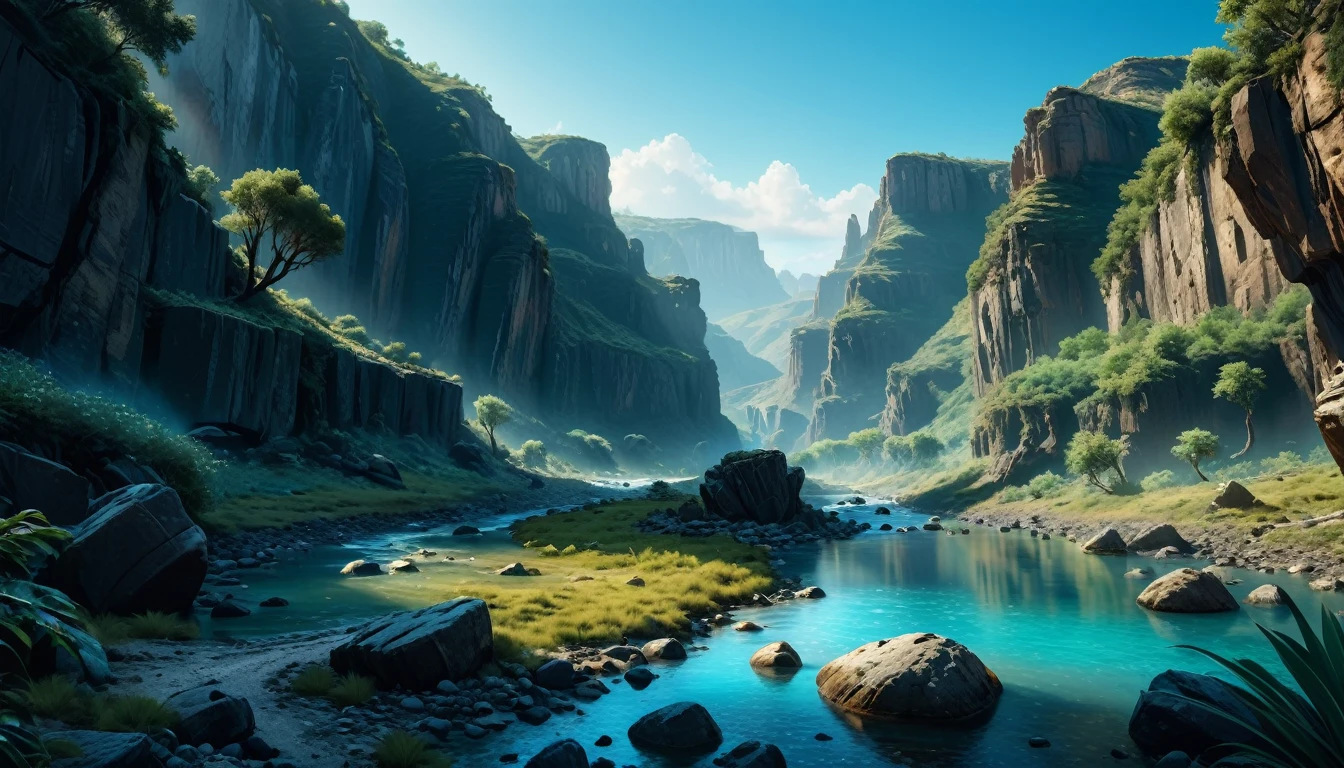 (photorrealistic:1.2, Fujifilm XT3), film composition, high fantasy, paisagem de fantasia, wasteland, clear blue sky, River canyon surrounded by lush vegetation., stones, epic fantasy art, abysmal technology, pure energy, magie, idyllic, (work of art:1.2), (epic composition:1.4), (talent:1.2), ultra detaild, cinematic lighting, very detailled, incredibily detailed, (photorrealistic:1.2), HDR, 8k, exotic, Spitz, chic, ambient lighting, Bright fantasy colors, high qualiy,