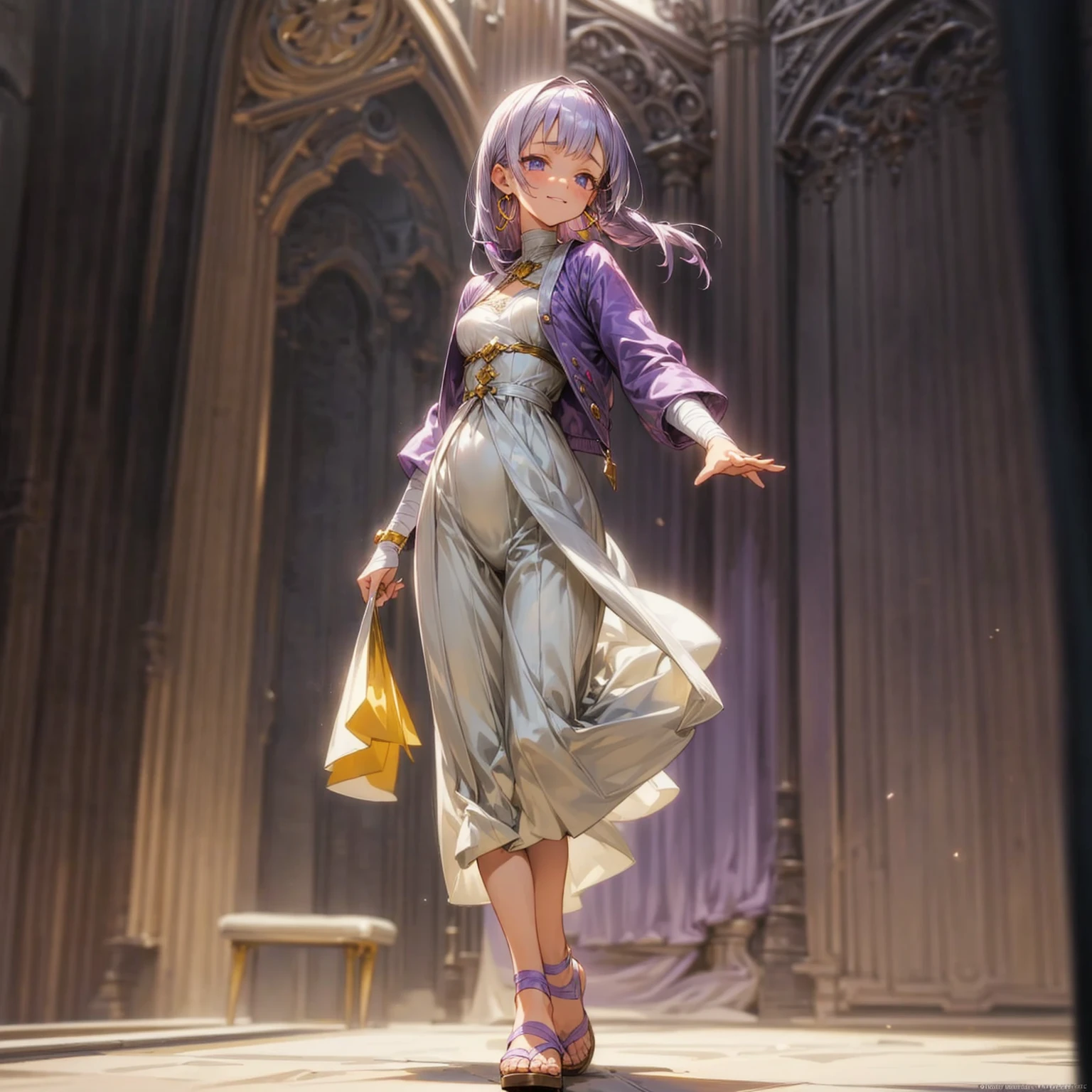 Solo character, full body version, detailed background, detailed clothing, detailed hair, detailed face detailed gesture, young girl, lavender color hair, long haircut, white lingerie, purple jacket, yellow long skirt, sandals, bandage, hoop earrings, indoor, inn medieval, sad eyes, smile mouth, standing gesture, Medium Breast, (kawacy style art)