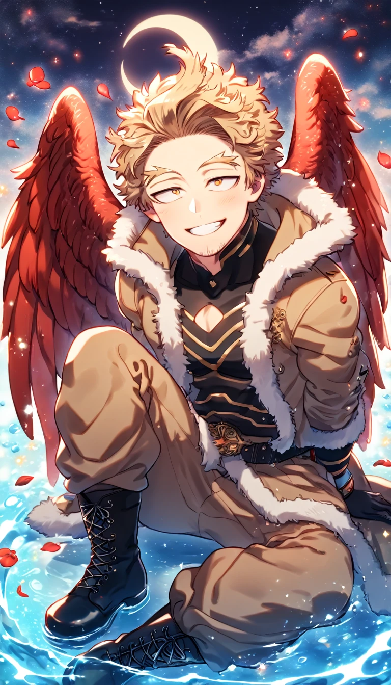 absurdres, highres, ultra detailed, HDR, master piece, Hawks, ash blond hair, expressive golden-brown eyes, faint stubble, red wings, brown coat with fur, black tight shirt, brown pants, black boots, black belt, Boku No Hero Academia, black gloves, sexy man sitting, handsome, best quality, red glittering crescent moon, red flowers, fantasy, magical, solo, water, red shining fireflies, red petals, sensual, horny, manly man, handsome smile,