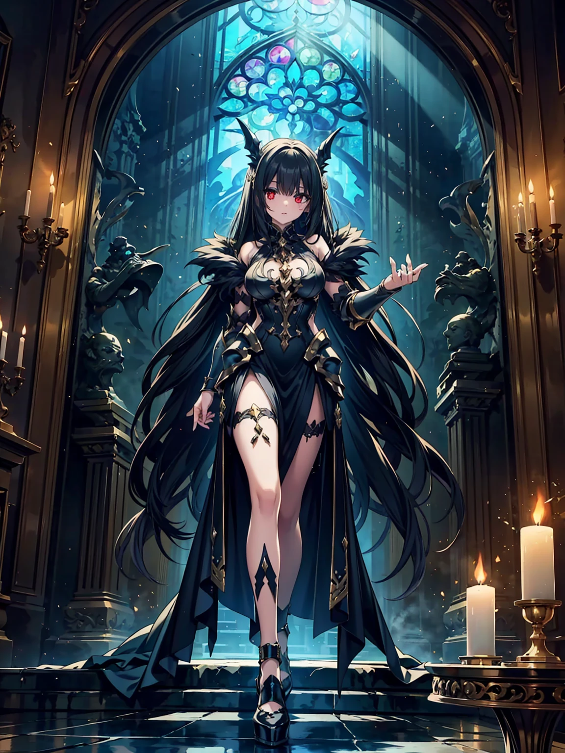(((masterpiece, best quality, 16k)))A breathtaking artwork of a female character of unimaginable beauty, set in a dark and opulent environment. The full-body view reveals an impressive figure, exuding an aura of power and mystery. She wears black and gold unique armor, radiating a luxurious darkness. Her armor is detailed and characteristic, with intricate golden designs that shimmer in the dim light. Ornate shoulder pads protect her shoulders, and the armor perfectly molds to her body, accentuating her formidable presence. Her long black hair flows like a river of darkness, contrasting with her mesmerizing scarlet eyes. Her beauty is almost supernatural, a perfect blend of grace and menace. She wields a cursed blade that seems to pulse with malevolent energy, enhancing her aura of danger. The setting around her is a gothic and luxurious environment, with dark arches and stained glass windows that filter a supernatural light. In the background, candles flicker, casting dancing shadows on the intricately carved stone walls. It is a place that blends elegance and terror, perfectly reflecting the essence of the character.