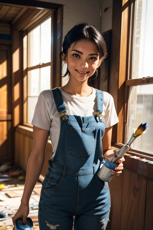 Highest quality High resolution Simple White overalls work clothes A woman holding a paint can and a brush There is a little paint on the clothes or body. Abandoned house 20 years old cute smile