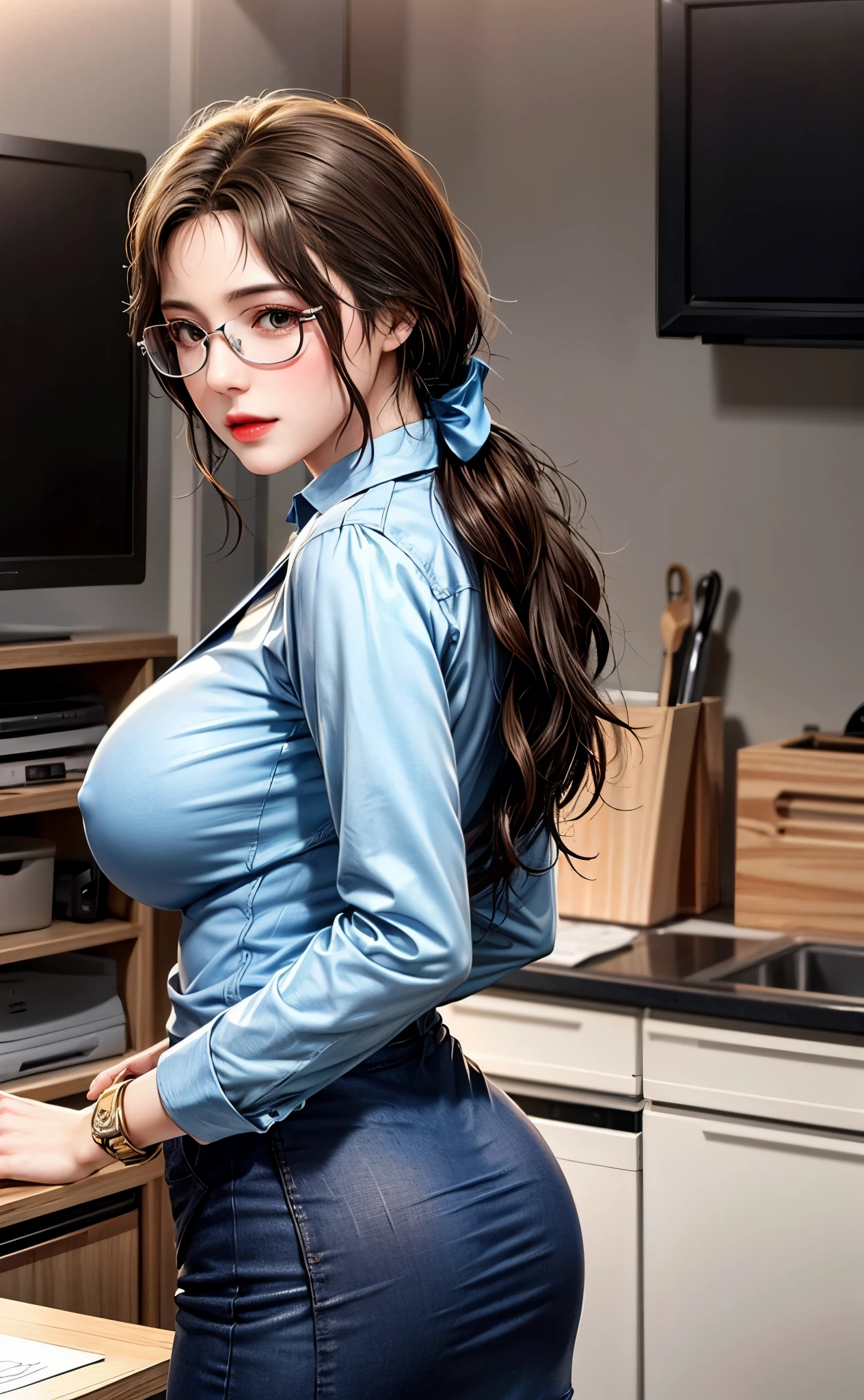 Female teacher, in the toilet，(Holding the sink:1.3)，(making ass love)，(Being touched by men:1.5)，(Being caressed by a man's crotch:1.2)，(Seen aside)， （（（tmasterpiece）））， （（Best quality））， （（Intricate details））， （（Ultra-realistic realism））， Res ridiculous， A MILF， mature woman， Ssee-through， Very detailed， Illustratio， 1. Mature women，（（big breasts）），(pink areolas)，perfect hand，detailed finger，Detailed beautiful eyes，Wavy curly hair，brown eyes，name badge，CEO，（Company uniform teacher：1.2），Translucent white shirt，Profuse sweating，(Shirt buttons were unbuttoned，No bra，Breasts leaking from all clothes)，Black pencil skirt，(black tights:1.1)， Camel toes，Nipple ring，Detailed background，Bedrooms，Perfect eyes，Seductive eye，Arched buttocks，Redden face，(crying:1.2)，Confused eyes