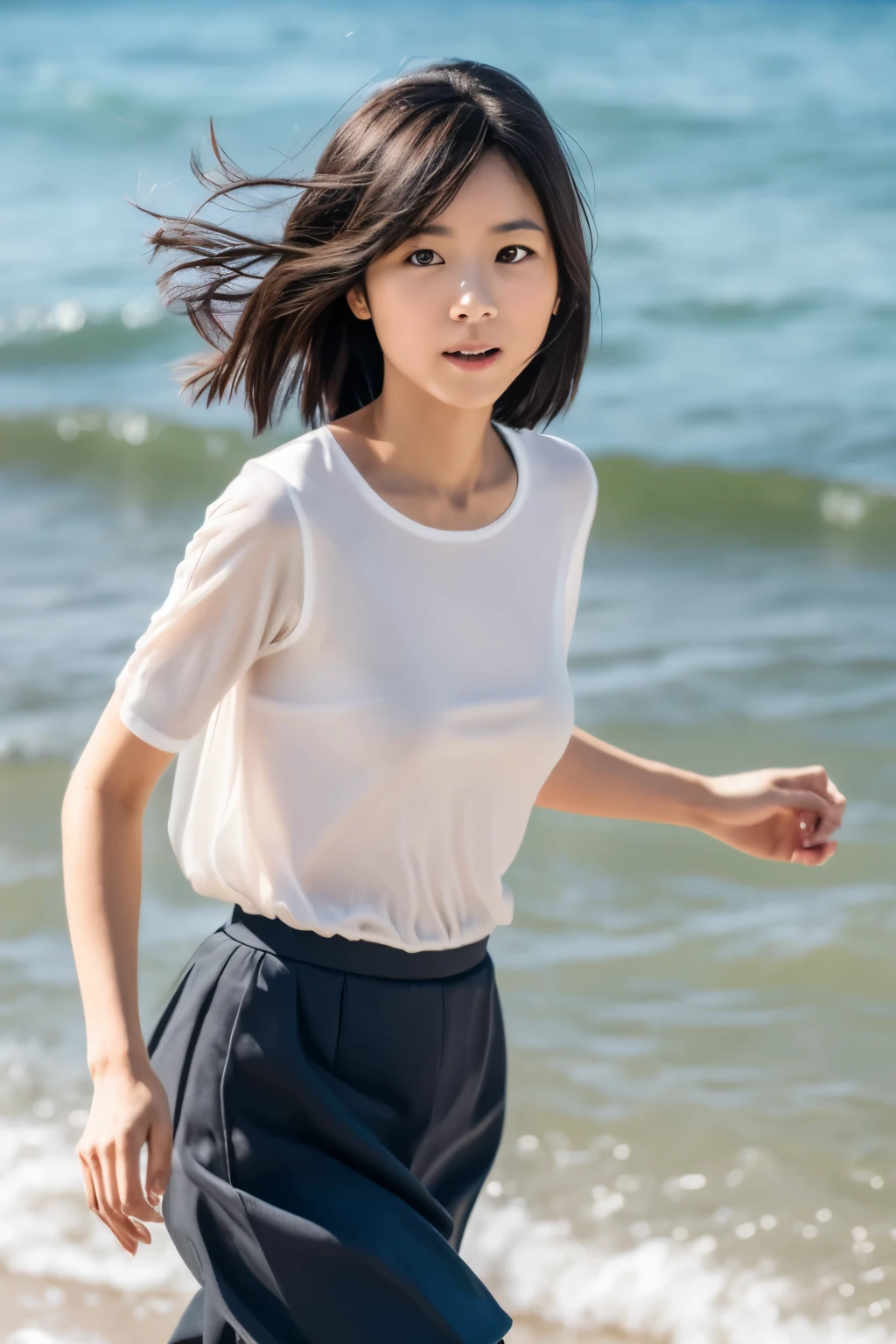 8k, highest quality, masterpiece, super high resolution, (realistic:1.4), RAW Photos, (Film Grain:1.3), One Girl, phòtogravúre of a skinny Japanese woman, 30 years old, running on the beach. She has a cute face and black hair. She is wearing a white blouse on nude, a gray pleated skirt. (Real skin texture:1.3), correct body anatomy, ((detailed face, detailed eyes))