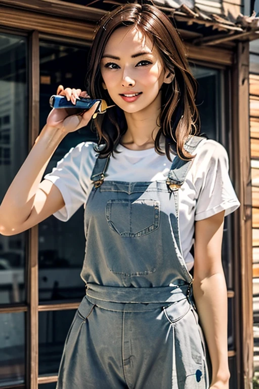 Highest quality　High resolution　Simple　White overalls work clothes　A woman holding a paint can and a brush　There is a little paint on the clothes or body.　Abandoned house　20 years old　cute　smile