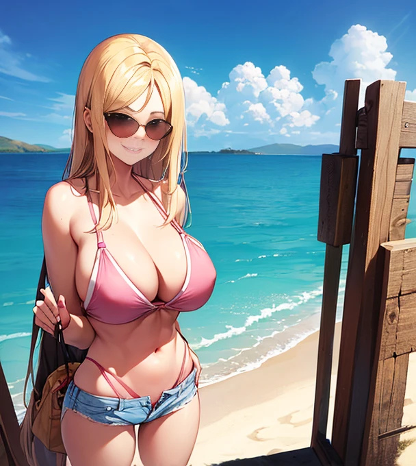 Woman, unbuttoned unzipped Daisy dukes, pink bikini top, sunglass, boardwalk by beach, carrying six pack of cola, smirking, long blonde hair past the butt, blonde bombshell babe, massive K bra size, birthing hips, great legs, long legs,