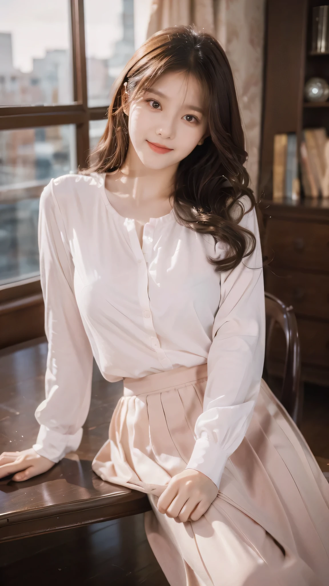 detailed background, masterpiece, best quality, 1 person , curly hair, long hair, purple eyes, star in eye, pink blouse, long skirt, sitting on dinning table.