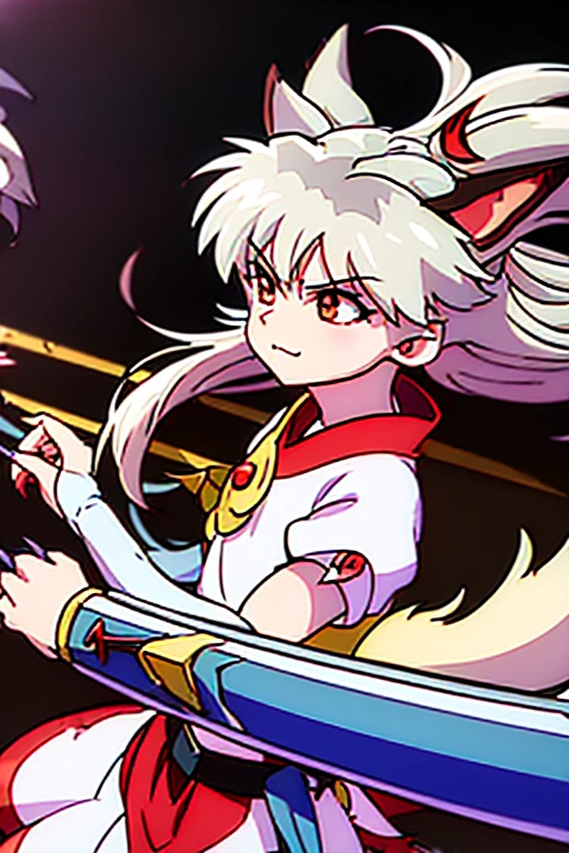 (((Inuyasha, costume, dog ears, sharp claws)))、Demon Sword、garter belt、White ribbon、1girl