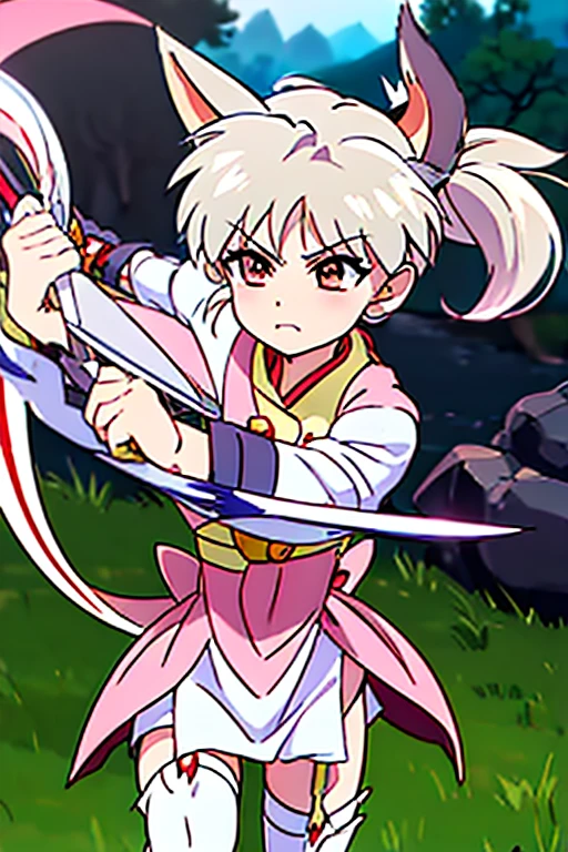 (((Inuyasha, costume, dog ears, sharp claws)))、Demon Sword、garter belt、White ribbon、1girl