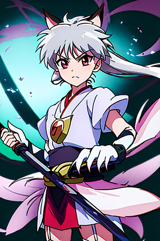 (((Inuyasha, costume, dog ears, sharp claws)))、Demon Sword、garter belt、White ribbon、1girl