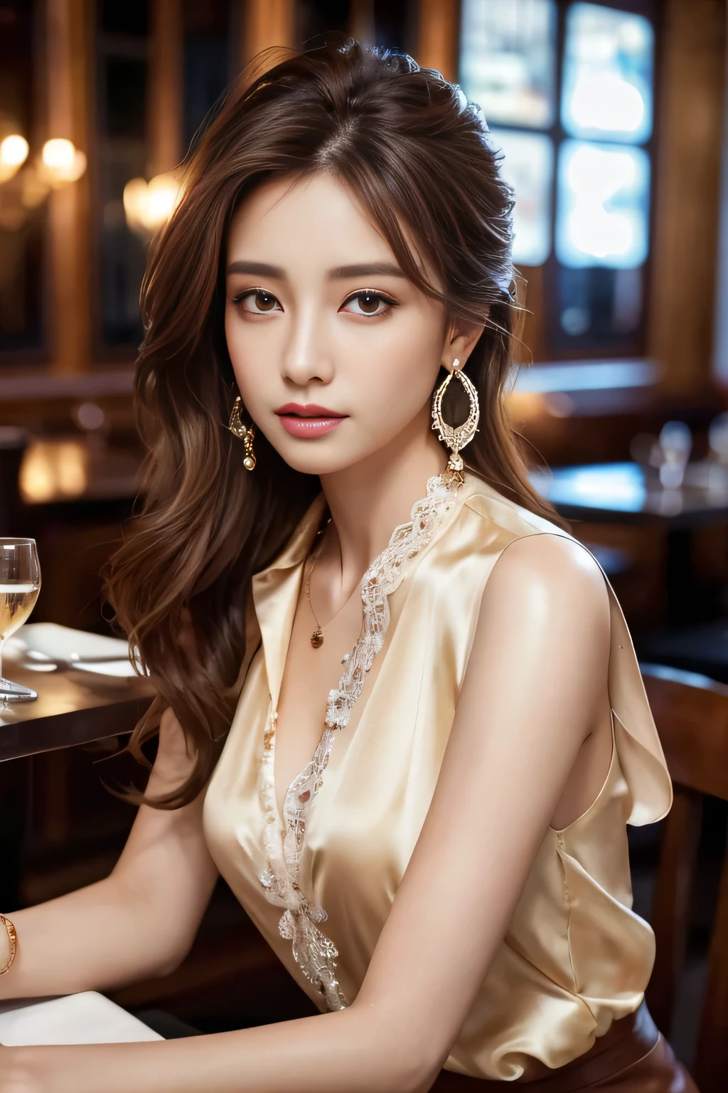 masterpiece, Highest quality, Realistic, Very detailed, Finer details, High resolution, 8k wallpaper, One beautiful woman, Wear a pretty colored silk shirt, In a great restaurant, At night, Light brown messy hair, Perfect dynamic composition, Beautiful and beautiful eyes、Big earrings、chest、Sleeveless shirt、