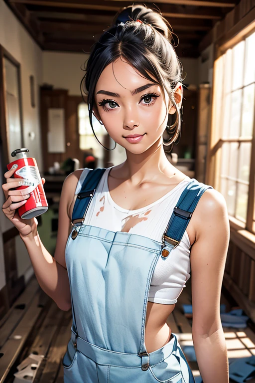 Highest quality High resolution Simple White overalls work clothes A woman holding a paint can and a brush There is a little paint on the clothes or body. Abandoned house 20 years old cute smile((head to waste))
