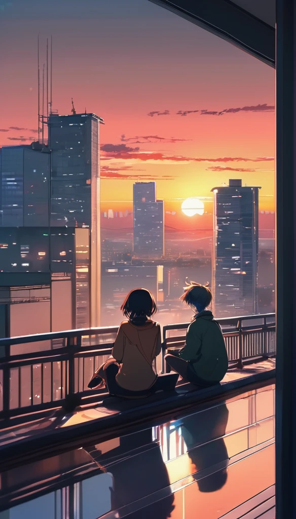 anime couple sitting on a balcony watching the sunset, Watching the sunset. anime, Lofi Artstyle, anime background art, anime style cityscape, beautiful anime scene, Lofi Art, In the style of Makoto Shinkai, 4K Manga Wallpapers, Makoto Shinkai Cyril Rolland, hd anime cityscape, Landscapes by Ilya Kuvshinov, 4k anime wallpaper