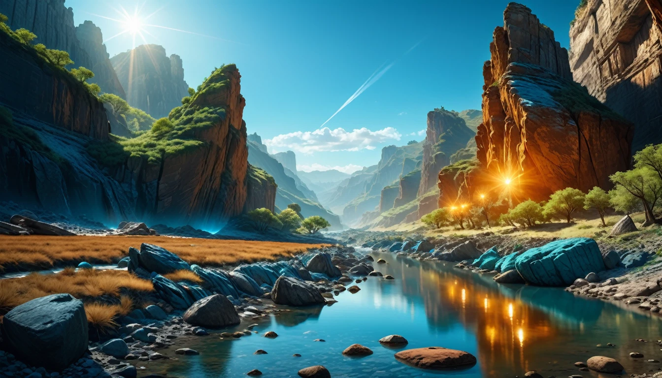 (photorrealistic:1.2, Fujifilm XT3), film composition, high fantasy, paisagem de fantasia, wasteland, clear blue sky, River canyon surrounded by lush vegetation., stones, epic fantasy art, abysmal technology, pure energy, magie, idyllic, (work of art:1.2), (epic composition:1.4), (talent:1.2), ultra detaild, cinematic lighting, very detailled, incredibily detailed, (photorrealistic:1.2), HDR, 8k, exotic, Spitz, chic, ambient lighting, Bright fantasy colors, high qualiy,