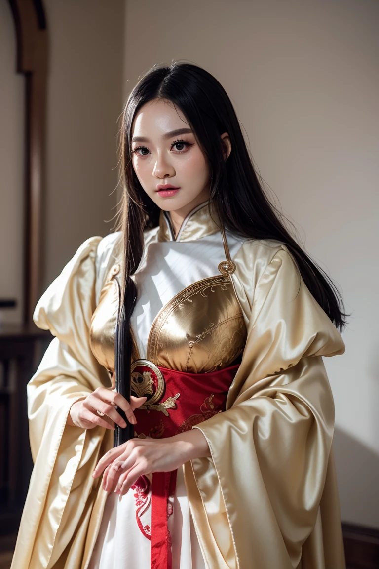 A girl, wearing hanfu, holding a sword, (negative space:1.2), gold and white and red hue, white background, (Cinematic lighting, ethereal light, intricate details, extremely detailed, incredible details, full colored), complex details, hyper maximalist, gorgeous light and shadow, detailed decoration, detailed lines. masterpiece, best quality, HDR, UHD, unreal engine. looking at the camera, fair skin, beautiful face,gongbi style,swordup