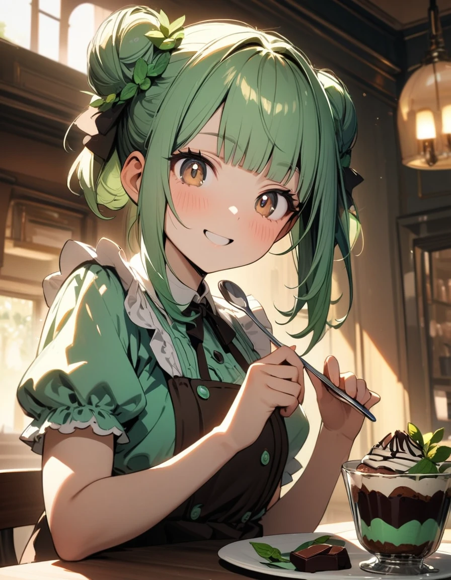 1 girl,amazing quality, aesthetic, aesthetic,ultra-detailed face,detailed eyes,16yo,(Brown eyes),lash extension,Mint green hair,blunt bangs,Mint leaves hair accessory,double bun,Short sleeves,Mint green Lolita,brown Lolita,Perfect hands, perfect fingers,holding a spoon,Looking at viewer,happy,one Chocolate mint parfait on the table,Sitting,indoors French Restaurant,rim light,masterpiece,8K,top quality, highly detailed illustration