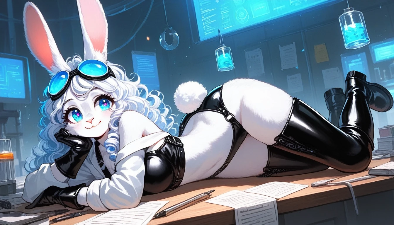 Solo, score_9,score_8_up,score_7_up, source_furry, (bunny, Anthro furry bunny girl, adult female, blue eyes, long white curly hair,, white fur, fluffy bunny tail),  cheerful smile, , , knee-high black boots with several buckles on them. , white fur,  , blue sparkling eyes, she is dressed as a mad scientist, with long black leather gloves, goggles on his head, a charming smile, looking down at her, off the shoulder lab coat, laying on a desk, white crop top. 
. 