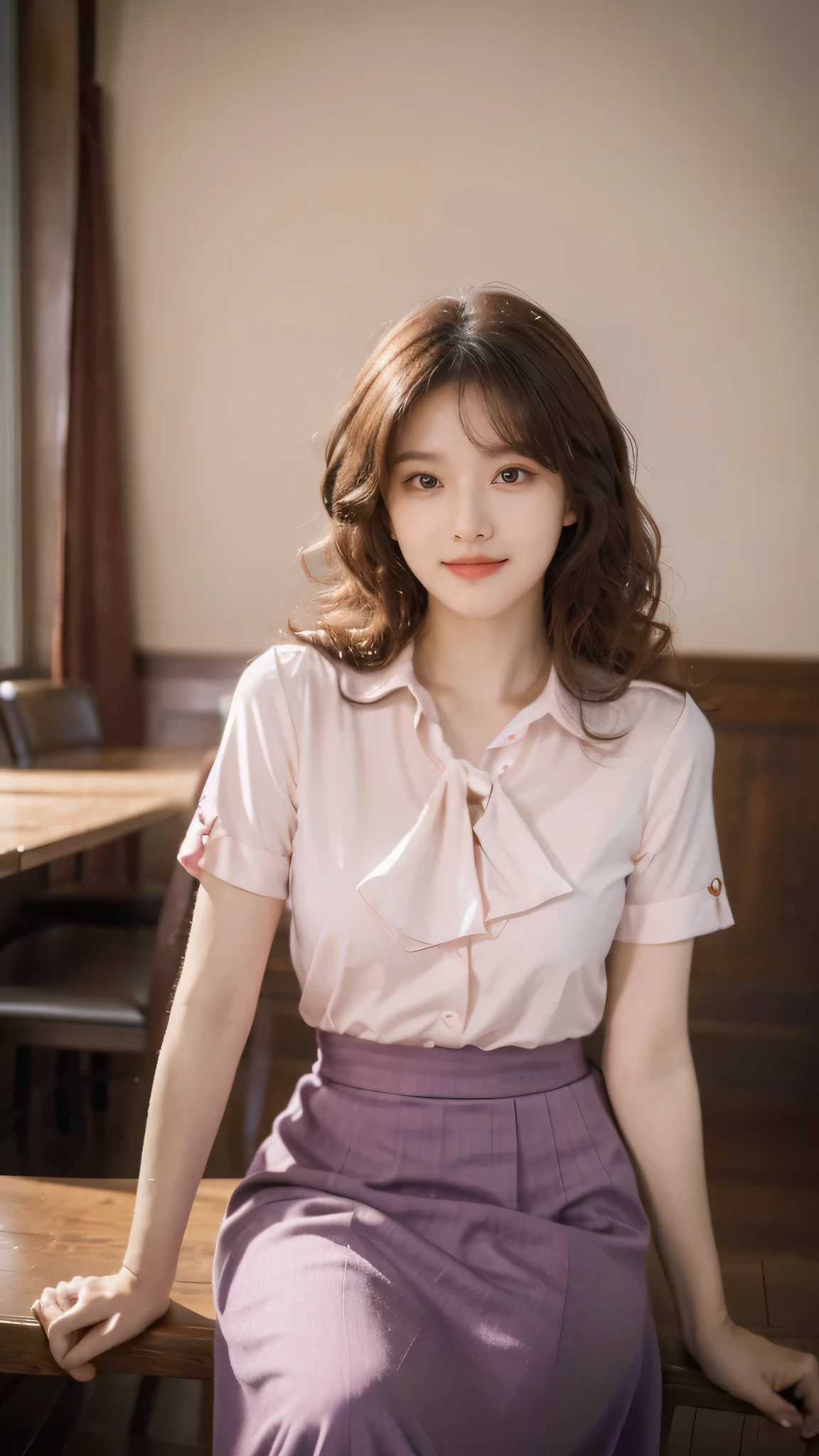 detailed background, masterpiece, best quality, 1 person , curly hair, long hair, purple eyes, star in eye, pink blouse, long skirt, sitting on dinning table.