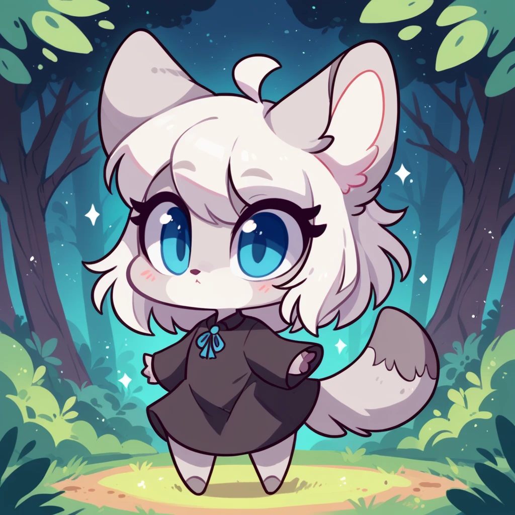  fox, female, white hair, silver fur, blue eyes, cute kid, ,one, kid , white hair, cute, chibi, black dress, night forest, by diives