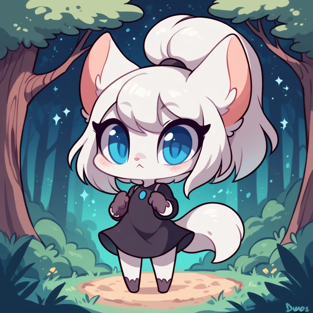 little fox, female, white hair, silver fur, blue eyes, cute kid, , alone, kid , white hair, cute, chibi, black dress, night forest, by diives