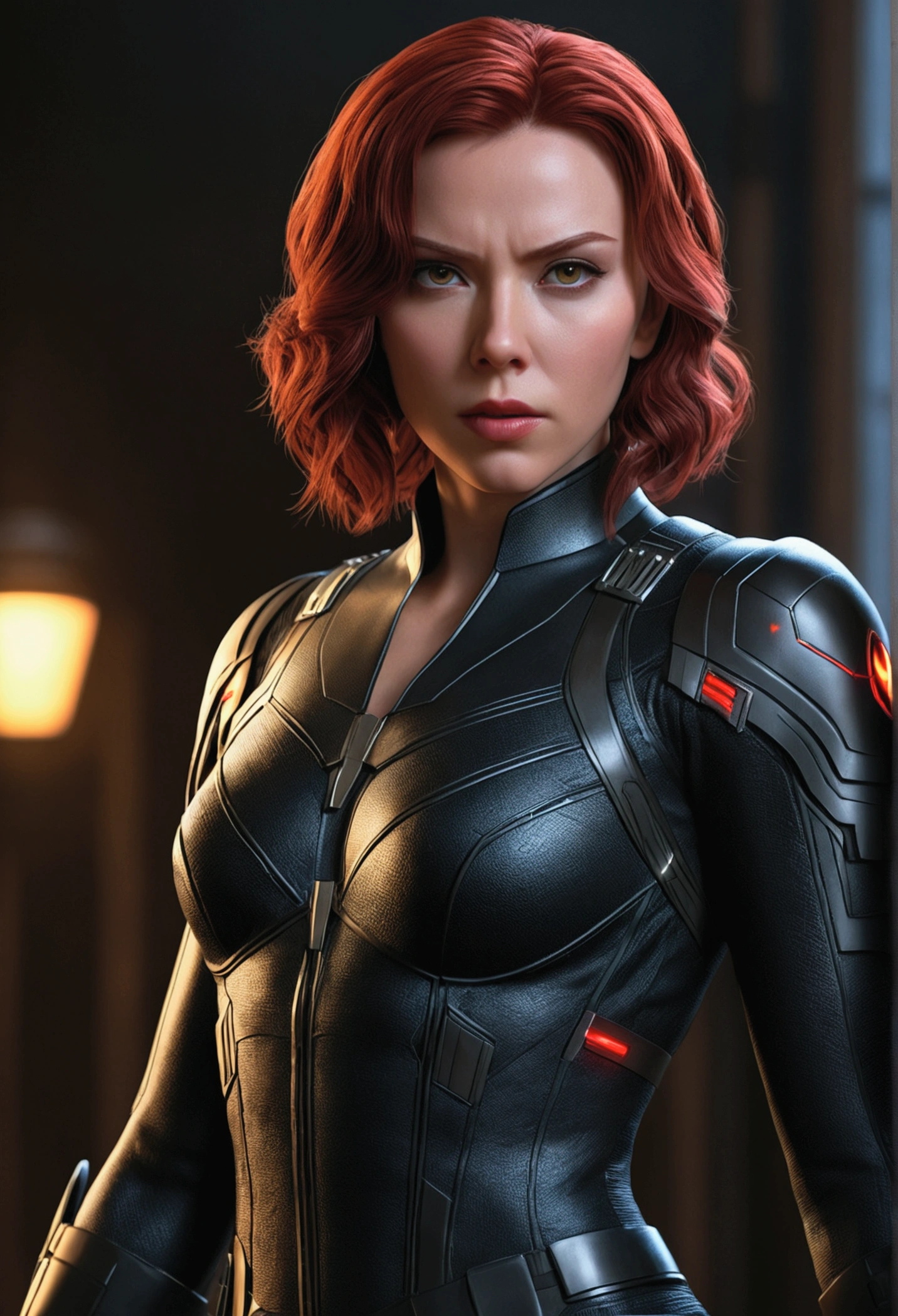 Marvel Comics Black Widow, , (8K, RAW photo, best quality, Masterpiece: 1.2), (realistic, photo-realistic: 1.4), (extremely detailed 8k CG unit wallpapers), full body, (lights neon), McHop, , Hanfu, shield uniform, dress, pretty face, (dark shot: 1.1), realistic epic,