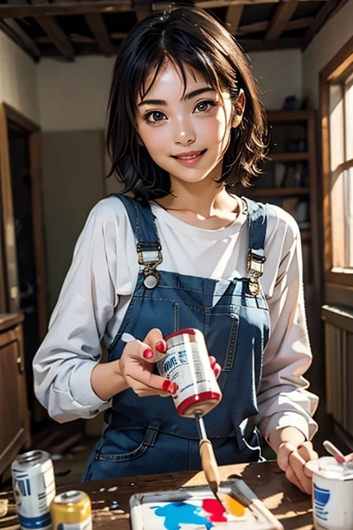 Highest quality　High resolution　Simple　White overalls work clothes　A woman holding a paint can and a brush　There is a little paint on the clothes or body.　Abandoned house　20 years old　cute　smile