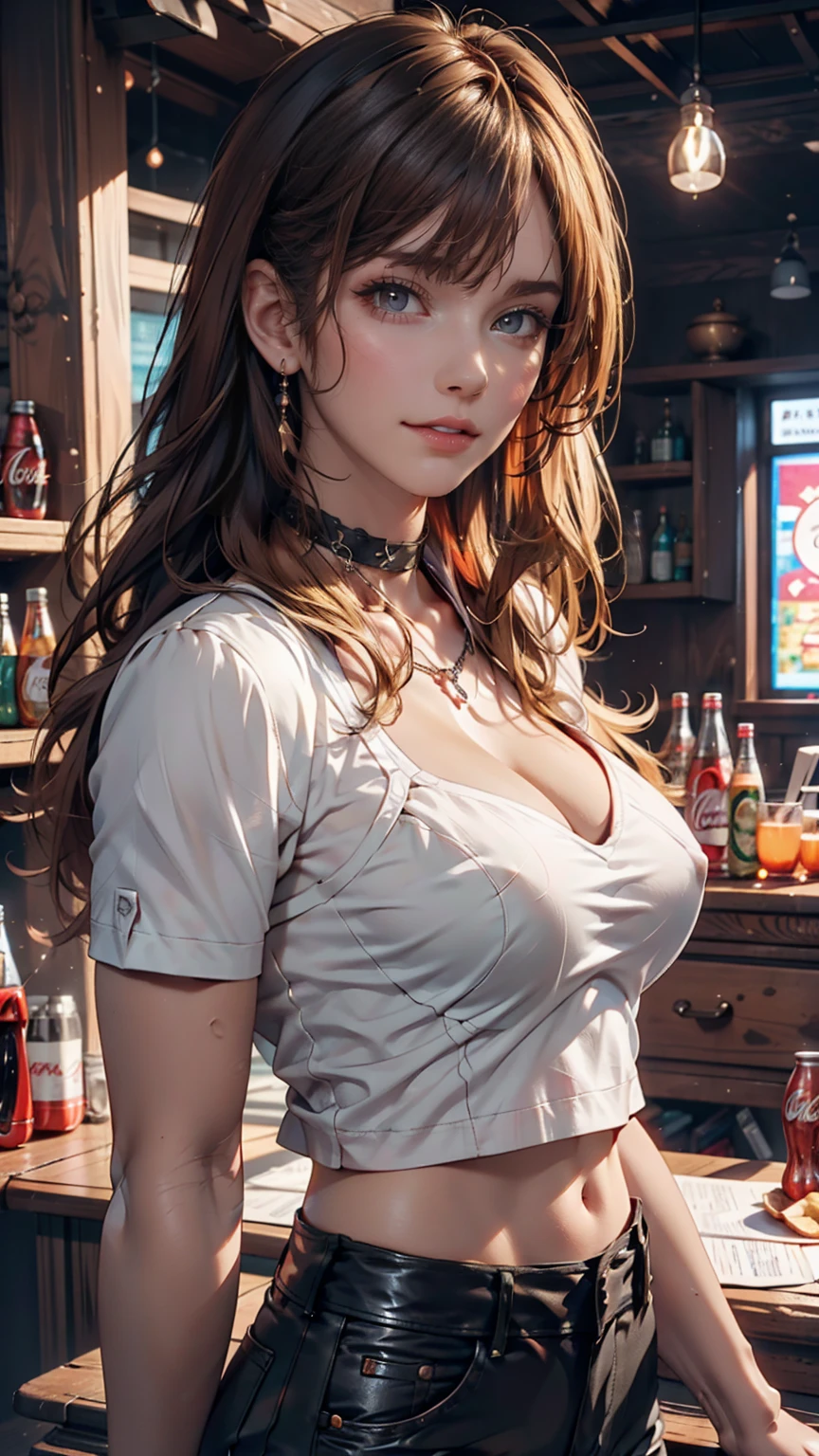 Beautiful girl modern fashion drinks coca cola, Cinematic,8k resolution, Soft lighting,Ultra-detailed skin and hair texture, eye,nose, Mouth has realistic details,Blonde、Sexy proportions、Narrow waist、Big Breasts、Saggy breasts、Nipple swelling emphasis、Leather choker、Rock band style T-shirts、Leather jacket、Leather pants、Chain decoration、Rainbow Hair Color、long hair