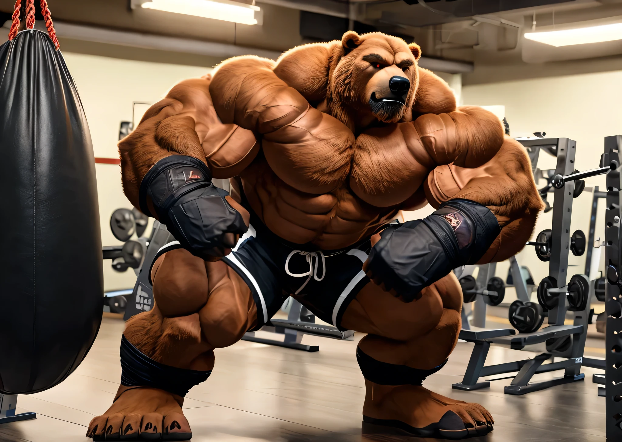 Solo, 1boy, huge muscular kodiak brown bear in big gym fitness center, big grunting, kodiak bear, huge brown fur, thick arm, huge arm, veins all over arms and chests, bald, big brown mustache and beard, (muscular, pectoral, wide pectoral, thick arms), HEIGHT: 220CM, WEIGHT: 320KG, gym sets, workout equipments, ring, punching bag, realistic, 8k, masterpiece, added cinnamon colored eyebrows, deatiled eyes with red pupils, (wearing black mixed martial arts shorts with red slits, black mixed martial art fingerless gloves with red pads, black toeless footwear tapes, shirtless and topless), punching techniques,