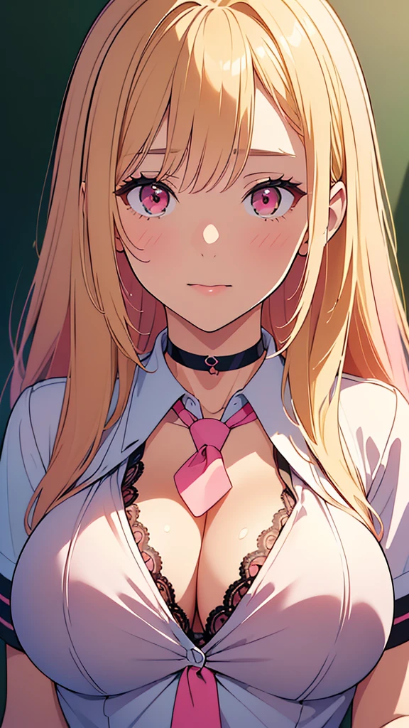 (absurdres:1.2),(masterpiece:1.6),(ultra-detailed:1.4),(High quality:1.4),(best quality:1.4),(beautiful busty breasts:1.3),(beautiful face:1.3),(beautiful woman:1.3),(blonde hair:1.2),(pink hair tips1.2),(necktie:1.1),cutter shirt,(school uniform:1.2),(black choker:1.1),(close up:1),(enjoy:1.3)