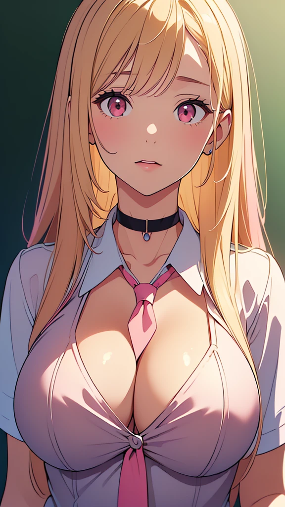 (absurdres:1.2),(masterpiece:1.6),(ultra-detailed:1.4),(High quality:1.4),(best quality:1.4),(beautiful busty breasts:1.3),(beautiful face:1.3),(beautiful woman:1.3),(blonde hair:1.2),(pink hair tips1.2),(necktie:1.1),cutter shirt,(school uniform:1.2),(black choker:1.1),(close up:1),(enjoy:1.3)