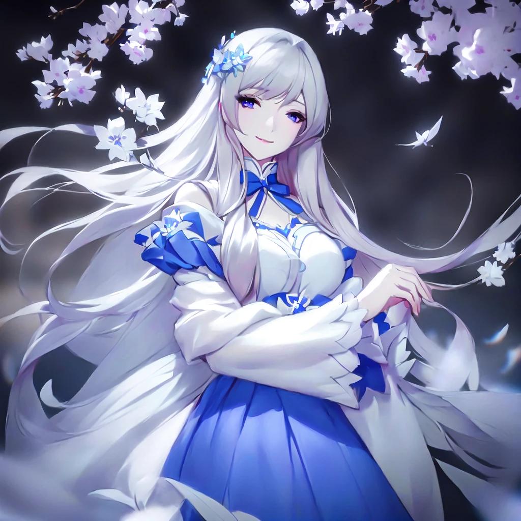 Anime girl with long white hair and blue dress with white flowers, violet eyes, smile., detailed fanart, [ Artedigital 4K ]!!, highly detailed exquisite fanart, Digital art on Pixiv, detailed digital animated art, 8K high quality detailed art, digital animated art, guweiz style artwork, made with anime painter studio, ! dream art germ, fanart best art station