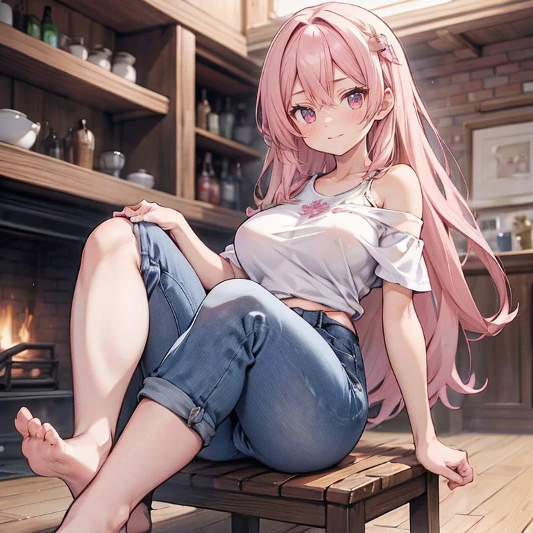 Anime Kawaii sexy Perfect Slim sensual body large breast and huge thighs, An intricate and highly detailed illustration of anime (Young girl) 一个女人sitting on a stool露出她臭脚的low angle，sitting on a stool，low angle，正面，bare feet，focus on feet，Pink off-shoulder t-shirt，There are bangs between the eyes，long hair，chestnut hair，shorts jeans，anatomically correcte, There is a huge yellow five-pointed star clip in her hair，pink eyes，eyes for details，pretentious smile，look at the audience，point-blank，wide angle lens，perspective drawing, two feet，simetria bilateral