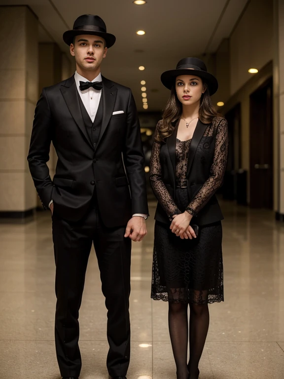 Front view, couple with standing on floor, air port in Casablanca, ( 1 Austria boy and 1 Germany actress girl is existence), boy wear is suit style, hat , girl is 1930 year's fashion style, (foreshortening, highness, forehead-to-forehead, Canon, textured skin, 8K, anatomically correct, super detail, high details