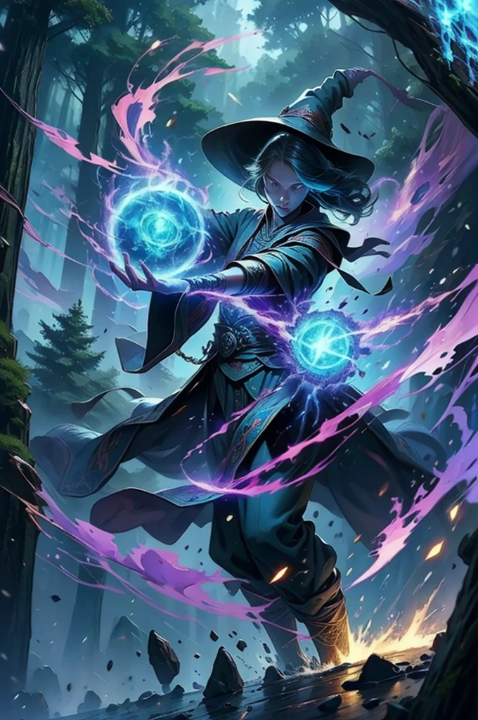 A traditional mage in a forest, at nighttime, conducting a magic ritual, magic power flowing around her, V0id3nergy, lightning strikes, particle effects, ray tracing, dynamic action, cinematic lighting, photorealistic, highres,
