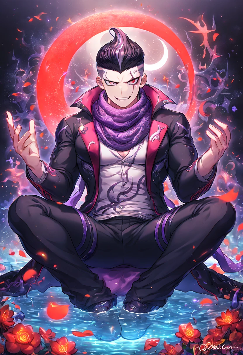 absurdres, highres, ultra detailed, HDR, master piece, Gundham Tanaka, black hair, heterochromia, expressive left gray eye, expressive right red eye, black coat, white shirt with purple pattern, purple scarf, black pants, Danganronpa, sexy man sitting, handsome, best quality, red glittering crescent moon, red flowers, fantasy, magical, solo, water, red shining fireflies, red petals, sensual, horny, manly man, handsome smile,