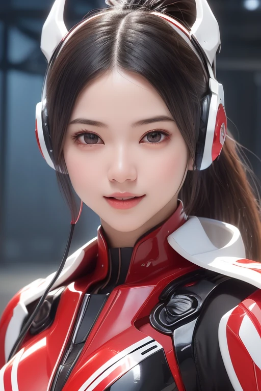 Top Quality, Masterpiece, Ultra High Resolution, (Photorealistic: 1.4), Raw Photo, 1 Girl, Black Hair, Glossy Skin, 1 Mechanical Girl, (((Ultra Realistic Details)), Portrait, Global Illumination, Shadows, Octane Rendering, 8K, Ultra Sharp, Intricate Ornaments Details, realistic skin, sweat effect, ((wearing Headphone)), very intricate detail, realistic light, CGSoation trend, brown eyes, glowing eyes, matte red and glossy white mechanical bodysuit, Long hair, black hair, Ponytail hair, Half body shot, spaceship bridge background, dynamic pose, cute smile, close up, Open Mouth,