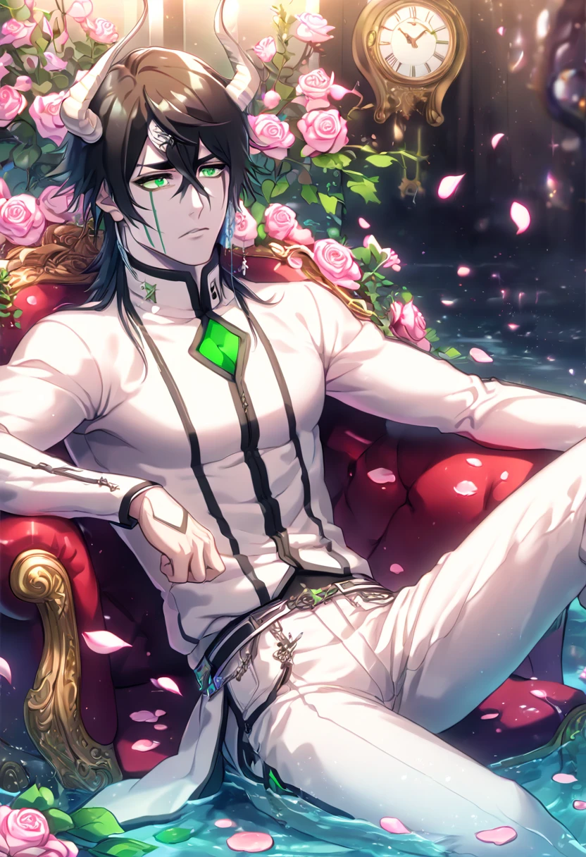 absurdres, highres, ultra detailed, HDR, masterpiece, extremely detailed, Ulquiorra Cifer, black hair, pale skin, expressive green eyes, Bleach, solo, sexy man sitting, handsome, horny, sensual, arrancar white clothes, white pants, water, magical, fantasy, glittering, shining, pink roses, blossoms, petals, in woderland, clock, manly man