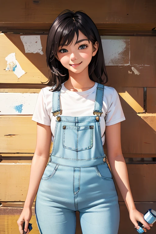 Highest quality　High resolution　Simple　White overalls work clothes　A woman holding a paint can and a brush　There is a little paint on the clothes or body.　Abandoned house　20 years old　cute　smile