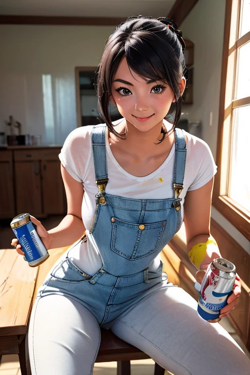 Highest quality　High resolution　Simple　White overalls work clothes　A woman holding a paint can and a brush　There is a little paint on the clothes or body.　Abandoned house　20 years old　cute　smile