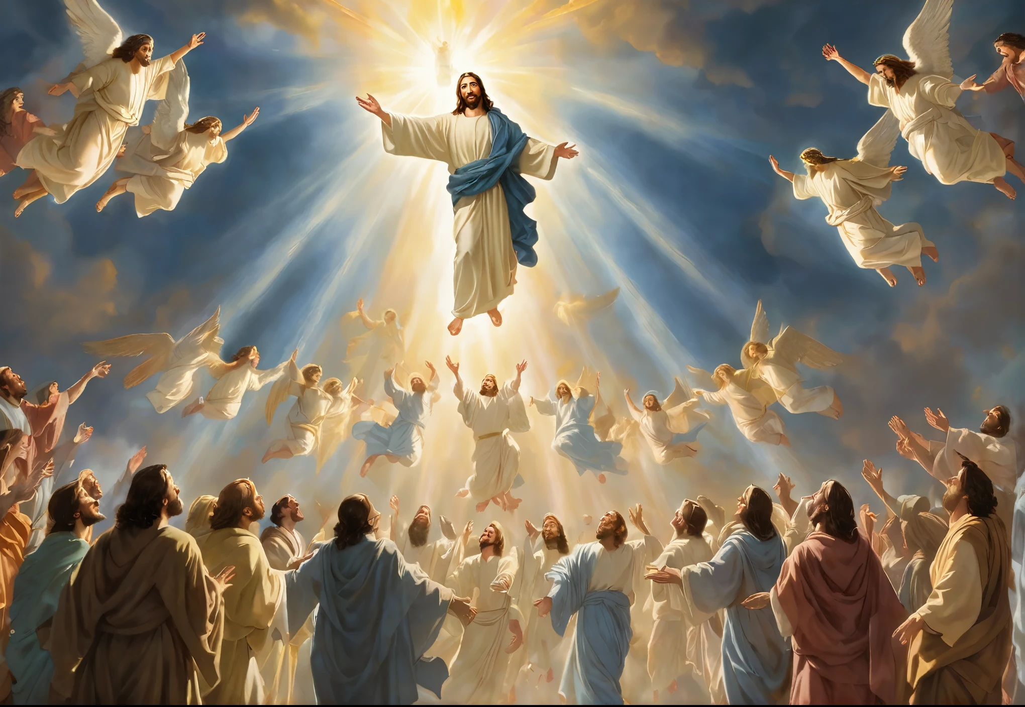 Create a high-resolution image depicting the Rapture. In the image, Jesus Christ is descending from the heavens, surrounded by a multitude of radiant angels. Jesus should be positioned centrally, exuding divine light and grace, with his arms open wide in a welcoming gesture. The angels, glowing with heavenly brilliance, should be depicted with wings spread, accompanying Jesus as they descend. Below them, show believers being lifted towards the sky, their faces filled with awe and joy. The background should include a dramatic sky with clouds parting, revealing a bright, celestial light illuminating the scene. Ensure the overall composition conveys a sense of divine glory, hope, and transcendence.