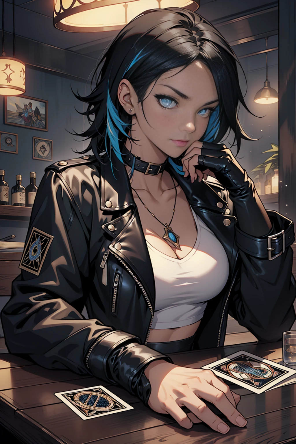 Goth girl, 1girl, solo, punk hair style, messy medium hair, black hair with a blue streak, blue eyes, clear skin, wearing make-up, medium breasts, wearing a black leather jacket, wearing a small white top, black fingerless gloves, holding a deck of tarot cards, sitting at table, dim lighting, night time, inside a nightclub, tarot cards on table