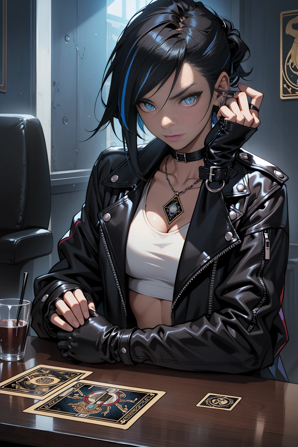 Goth girl, 1girl, solo, punk hair style, messy medium hair, black hair with a blue streak, blue eyes, clear skin, wearing make-up, medium breasts, wearing a black leather jacket, wearing a small white top, black fingerless gloves, holding a deck of tarot cards, sitting at table, dim lighting, night time, inside a nightclub, tarot cards on table