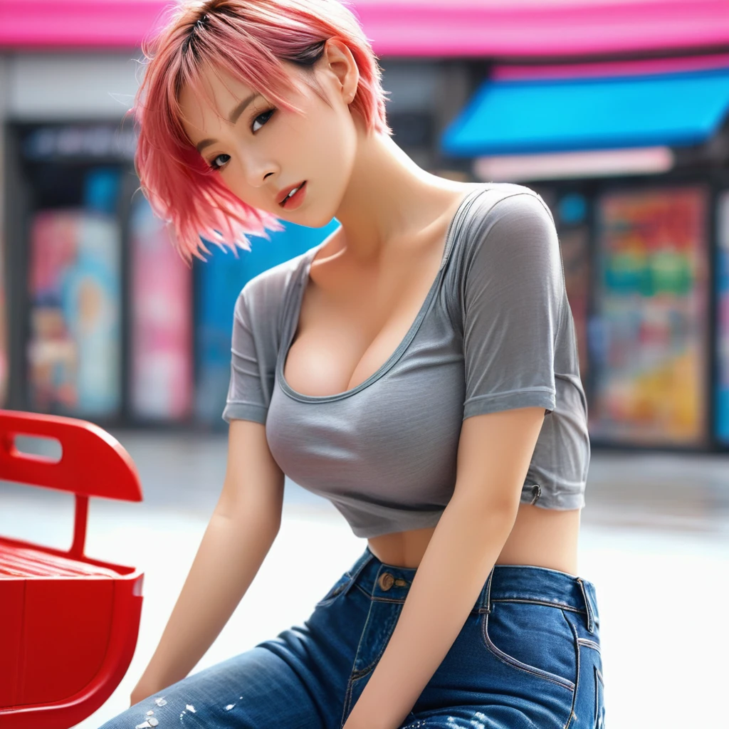 //character, A beautiful girl, pink hair, very short hair, gray eyes, (huge breasts:1.6), (drooping breasts:1.4), Great abs.
//facial expression, (orgasm face:1.2), (open mouths:1.1), (half open eyes:1.2), cry,
//posture, sitting, kneeing, (cover one's chest with one's hands:1.6),
//fashion, A wet shirt. A shirt that sticks to the skin. A wet and transparent shirt. denim short pants,
//fetish,
//background, Shopping mall. Outdoors. Daytime. Lots of crowds.//quality, Realistic photograph, (best quality:1.5), (hyper-realistic:1.2), (high resolution:1.5), (Cinematic Lighting:1.2), full body shot, RAW photo, (4k. 8k precision image), detailed textures, sharp focus,ultra-detailed,