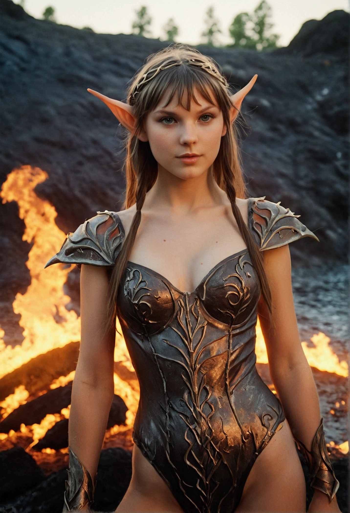 analog film photo, photo of a young fire elf, 18 years-old, female, elf, pointy ears, dark messy hair, sun-kissed complexion, sweaty skin, pretty, natural beauty, tall, full hourglass figure, thick thighs, big butt, wearing metallic undergarments, posing in a fiery lava lake, surrounded by flames and smoke, hellish landscape, nighttime, resembles Taylorr Swift, RAW Photograph, dslr, soft lighting, high quality, film grain, Fujifilm XT3, detailed skin with visible pores, insane details, masterpiece, 8k, 35mm photograph, dslr, kodachrome, faded film, desaturated, grainy, vintage, Lomography, stained, highly detailed, found footage, close-up shot, elven ears