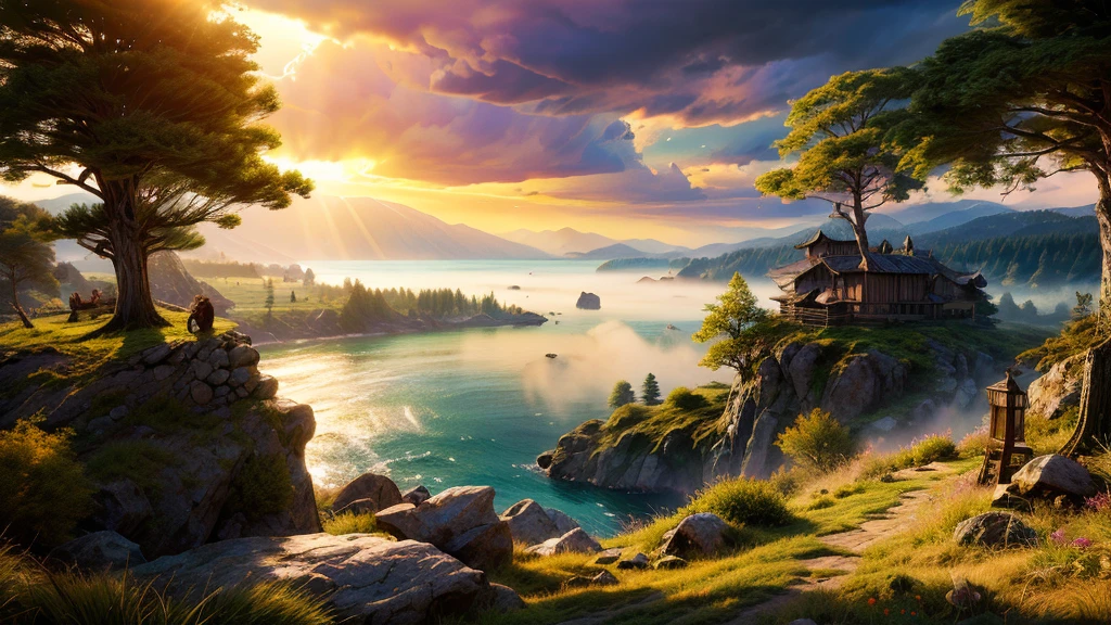 ancient dragon enjoying the view of a large deep clear glowing blue lake with island in the centre,fantasy fairytale scenery, in a valley with huge dramatic mountains towering in the distance,autumn,large ornamental lawns, rocks plants flowers shrubs trees moss lawns grass redwoods,sunset storm and strong sunbeams,misty hazy,extreme details,photorealistic,4k,HD,beautiful,nature, dreamy, imaginative