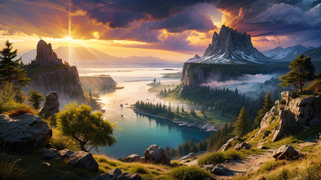 ancient dragon enjoying the view of a large deep clear glowing blue lake with island in the centre,fantasy fairytale scenery, in a valley with huge dramatic mountains towering in the distance,autumn,large ornamental lawns, rocks plants flowers shrubs trees moss lawns grass redwoods,sunset storm and strong sunbeams,misty hazy,extreme details,photorealistic,4k,HD,beautiful,nature, dreamy, imaginative