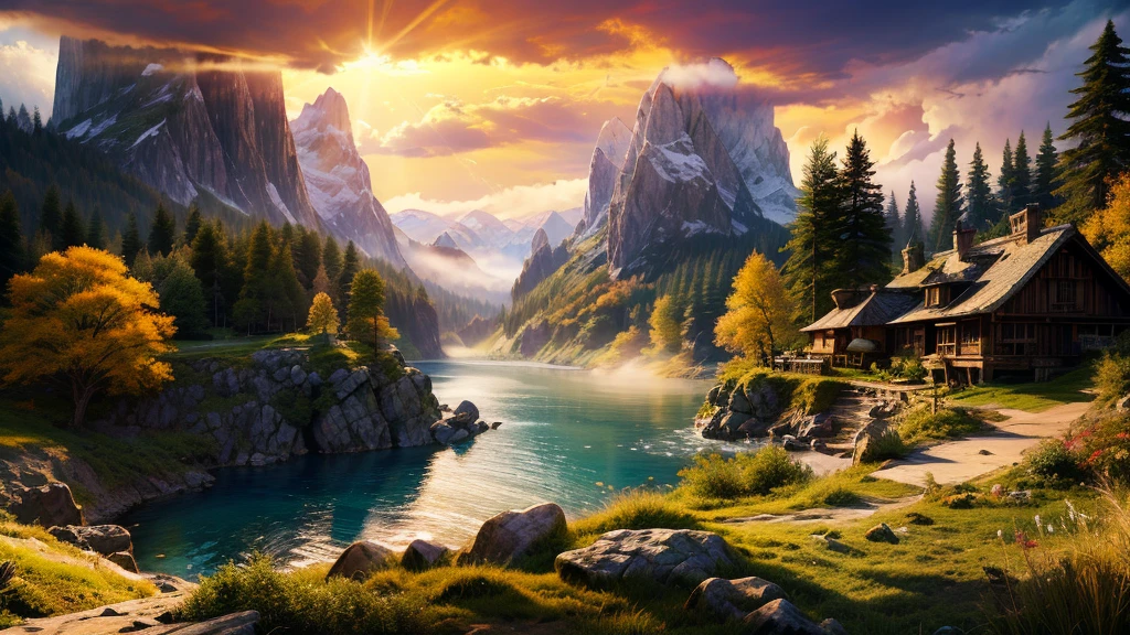 ancient dragon enjoying the view of a large deep clear glowing blue lake with island in the centre,fantasy fairytale scenery, in a valley with huge dramatic mountains towering in the distance,autumn,large ornamental lawns, rocks plants flowers shrubs trees moss lawns grass redwoods,sunset storm and strong sunbeams,misty hazy,extreme details,photorealistic,4k,HD,beautiful,nature, dreamy, imaginative