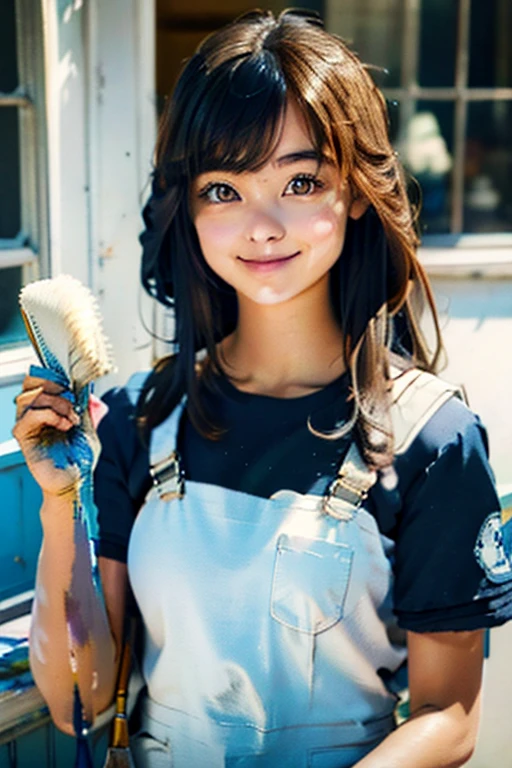 Highest quality　High resolution　Simple　White overalls work clothes　A woman holding a paint can and a brush　There is a little paint on the clothes or body.　Abandoned house　20 years old　cute　smile