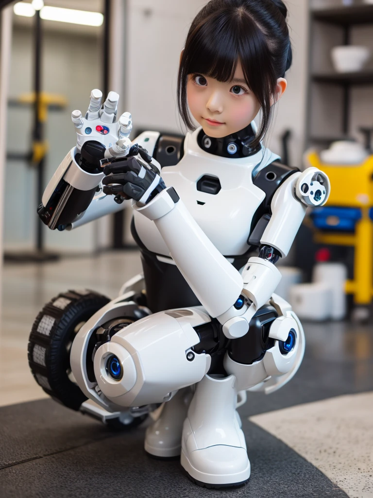 masterpiece, Highest quality, Very detailed, Japanese Android Girl,Plump,A little thick control panel,Squat,Mechanical Hand,Robotic arms and legs, Black sponge joint,Blunt bangs,White robot body,Ceramic body,White Long Boots,Perfect Cyborg Girl,